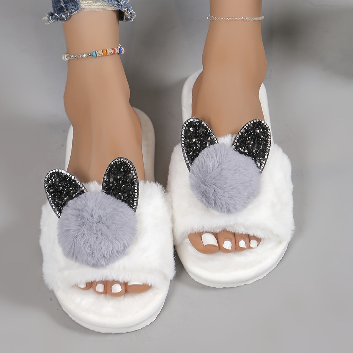 Women's Bunny Ears Glitter Slippers - All-Season Indoor House Shoes with Plush Furry Lining, EVA Sole, Soft Fabric Upper for Cozy Comfort