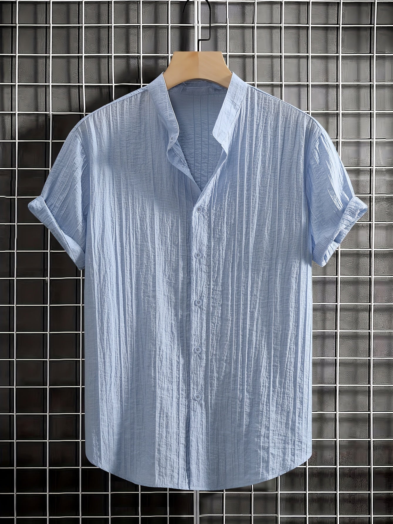 Men's summer shirt with solid color, semi-transparent short sleeves, stand collar, regular fit in lyocell 83% nylon 17% woven fabric. Perfect for beach, vacation, or pool parties.