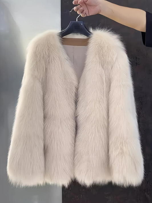 Women's elegant faux fur coat made of 100% polyester knit fabric in a solid color with regular sleeves, short length, and no belt. Perfect for fall/winter fashion as an adult top coat.