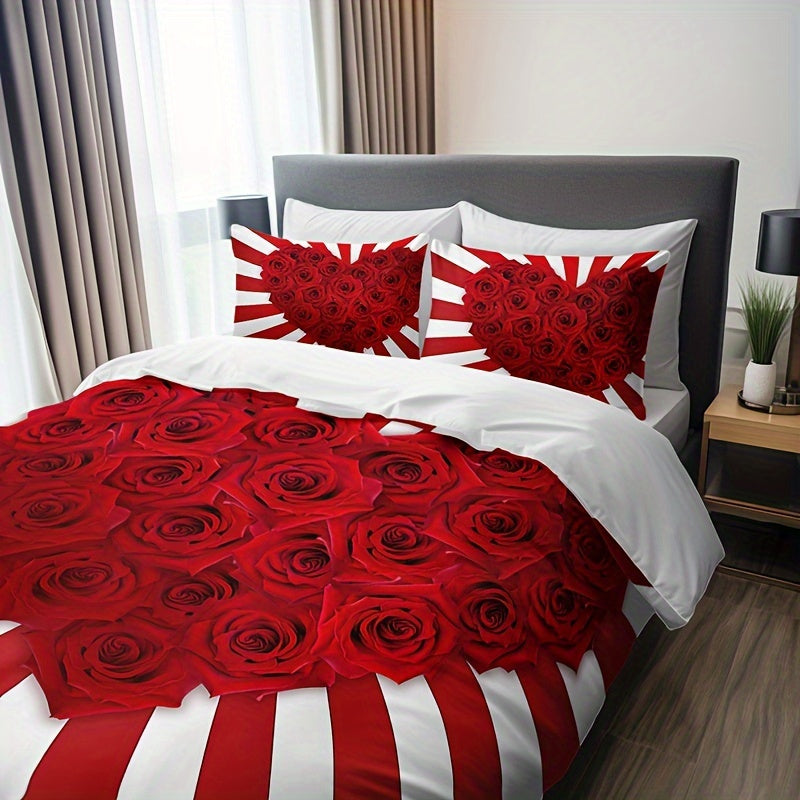 Set the mood with this romantic Red & White Rose Floral Print Bedding Set featuring 3 pieces - 1 Duvet Cover and 2 Pillowcases. Made from breathable polyester, this set offers all-season comfort with a high-definition print perfect for adding flair to