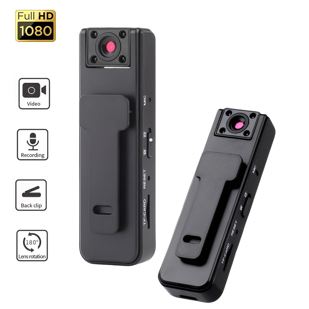 Mini wireless hidden camera with infrared night vision for sports, meetings, transportation, travel, and sports recording. 1080p video capture, USB rechargeable battery, and adjustable