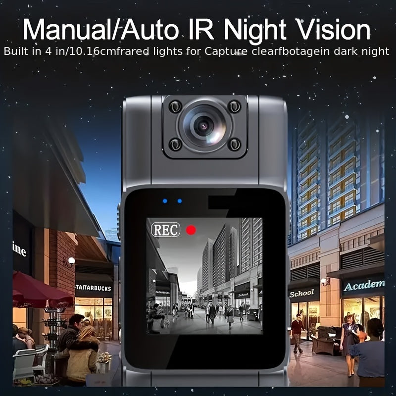 Wearable Full HD Body Camera with Rotatable Lens, Wide Angle, Night Vision, and IPS Screen for Riding, Sports, and Travel. Features USB/Battery Power and Rechargeable Lithium Polymer. Compatible with Laptops.