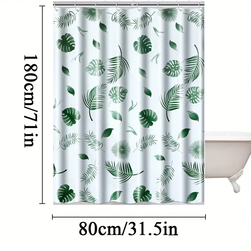 Tropical leaf bath liner made of water-resistant polyethylene, featuring a leaf pattern. Includes easy-hang white plastic hooks for all-season bathroom decor.