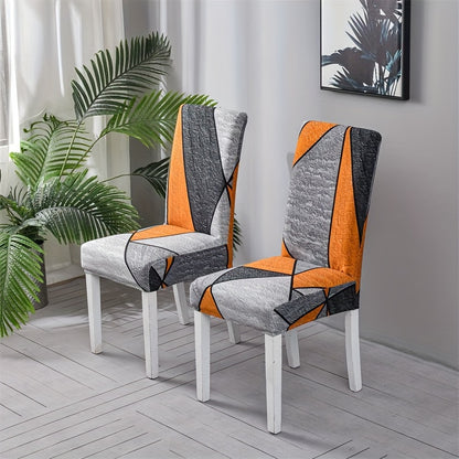 Contemporary geometric chair slipcovers in black and white. Stretchable, dustproof, lightweight fabric. Ideal for home, hotel, or restaurant decor. Easy care, machine washable. Set of 4 or 6.