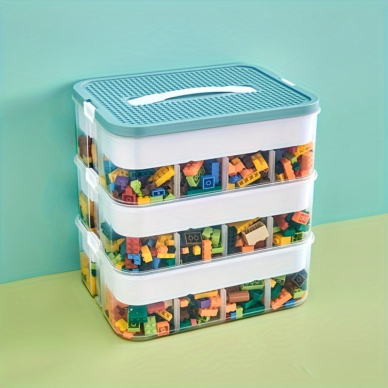 Large portable plastic storage box with lid and grid, multi-layer design, perfect for organizing blocks, snacks, and toys. Available in 1, 2, or 3 tiers, suitable for bedroom, living room