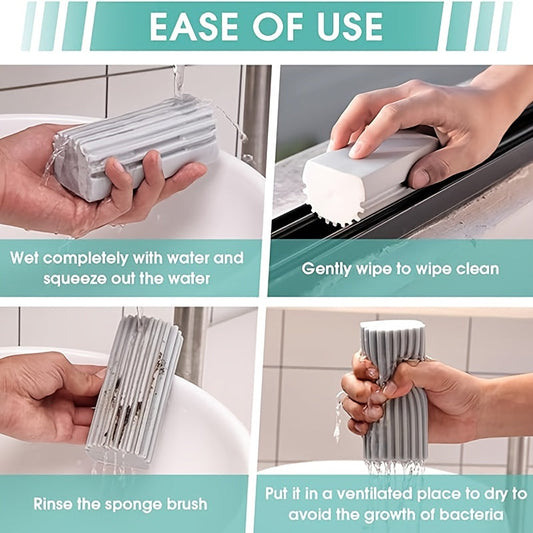 Set includes 7 pieces, including a groove cleaning brush and a clean duster sponge. Perfect for removing dust and dirt from hard-to-reach corners. Ideal for cleaning blinds, glass, baseboards, vents, railings, mirrors, window track grooves, and faucets.