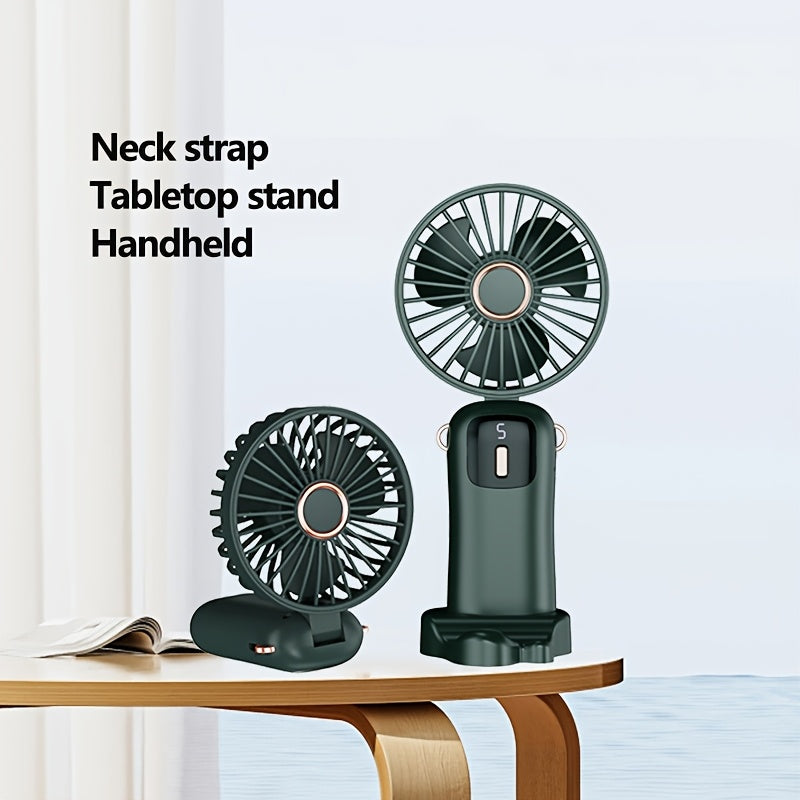 Rechargeable USB Handheld Fan with Quiet Operation and Foldable Neck Design, Ideal for Desk, Office, Bedroom, Outdoor Travel, Camping, and School. Features High-Velocity Cooling, 1200mAh Lithium Battery, Wearable Design, and Easy Button Control. Perfect