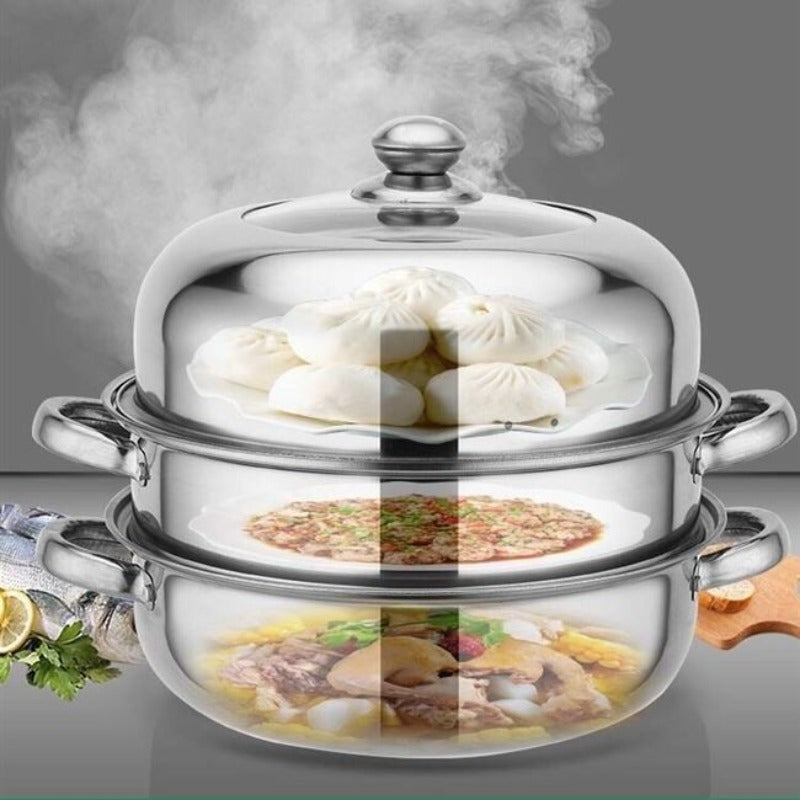 3-tier stainless steel steamer pot with fast heat conduction and multi-stove compatibility, durable and practical design with non-stick coating