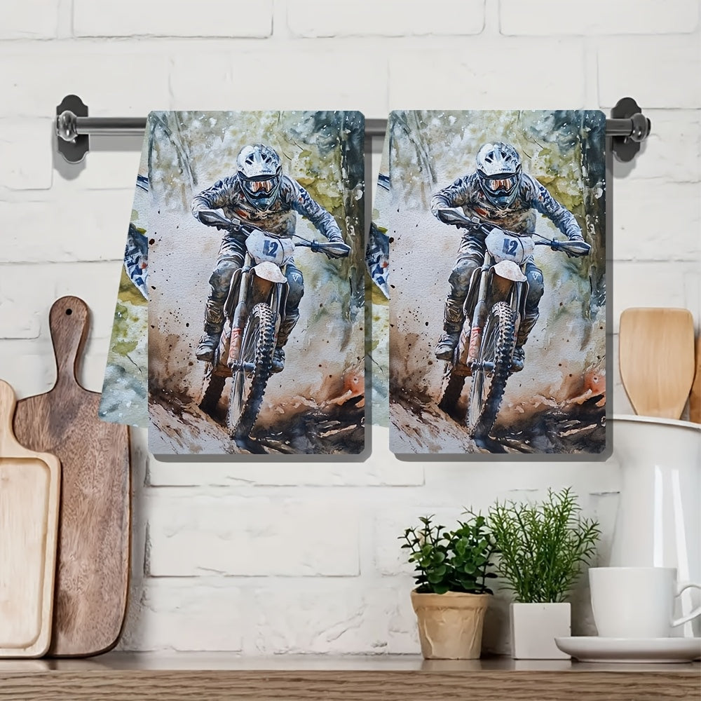 Set of 2 Ultra Soft Kitchen Towels with Enduro Bike Rider Design, Super Absorbent & Easy to Clean Dish Hand Towels, 40.64x60.96 cm - Ideal for Holiday Decor and Daily Use, Kitchen Towels