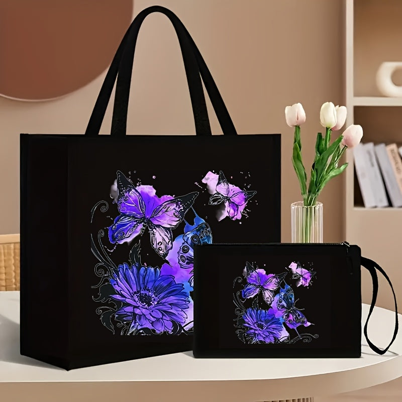 Set includes 2 floral and butterfly print tote bags with matching wallet, made of durable canvas material. Features magnetic snap closure and foldable design for shopping and travel, with