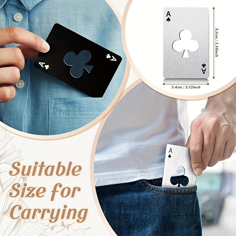 Stainless steel, credit card-sized bottle opener designed like a poker chip, perfect for bars and restaurants, makes a great gift.