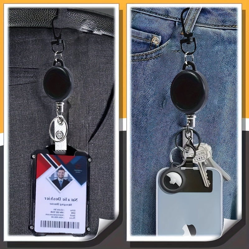 Durable retractable ID badge holder with carabiner clip and keychain, vertical card holder with convenient pull buckle for easy access.