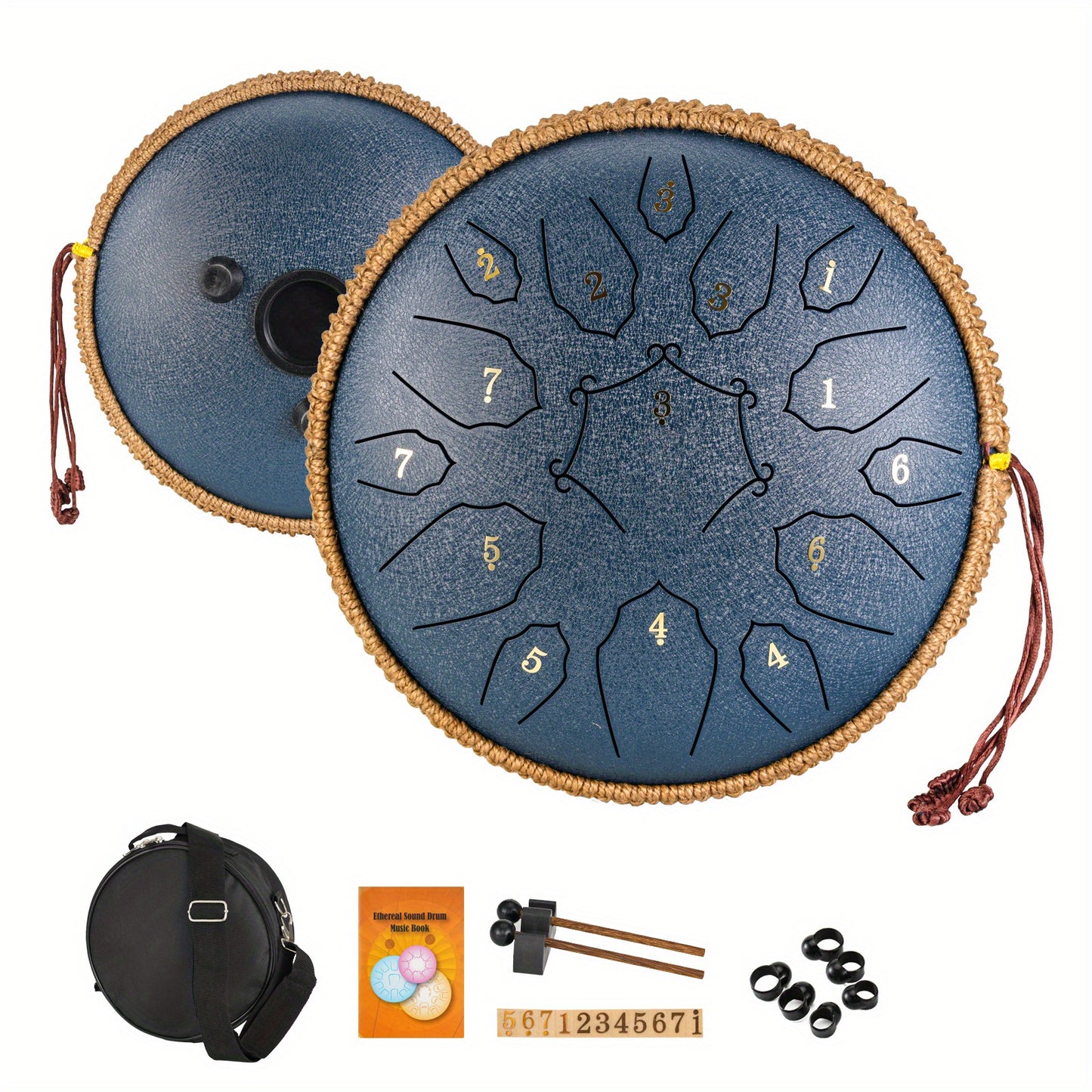 30.48cm D-Key steel tongue drum with 15 notes, carry bag, and accessories for yoga, meditation, concerts, and relaxation.