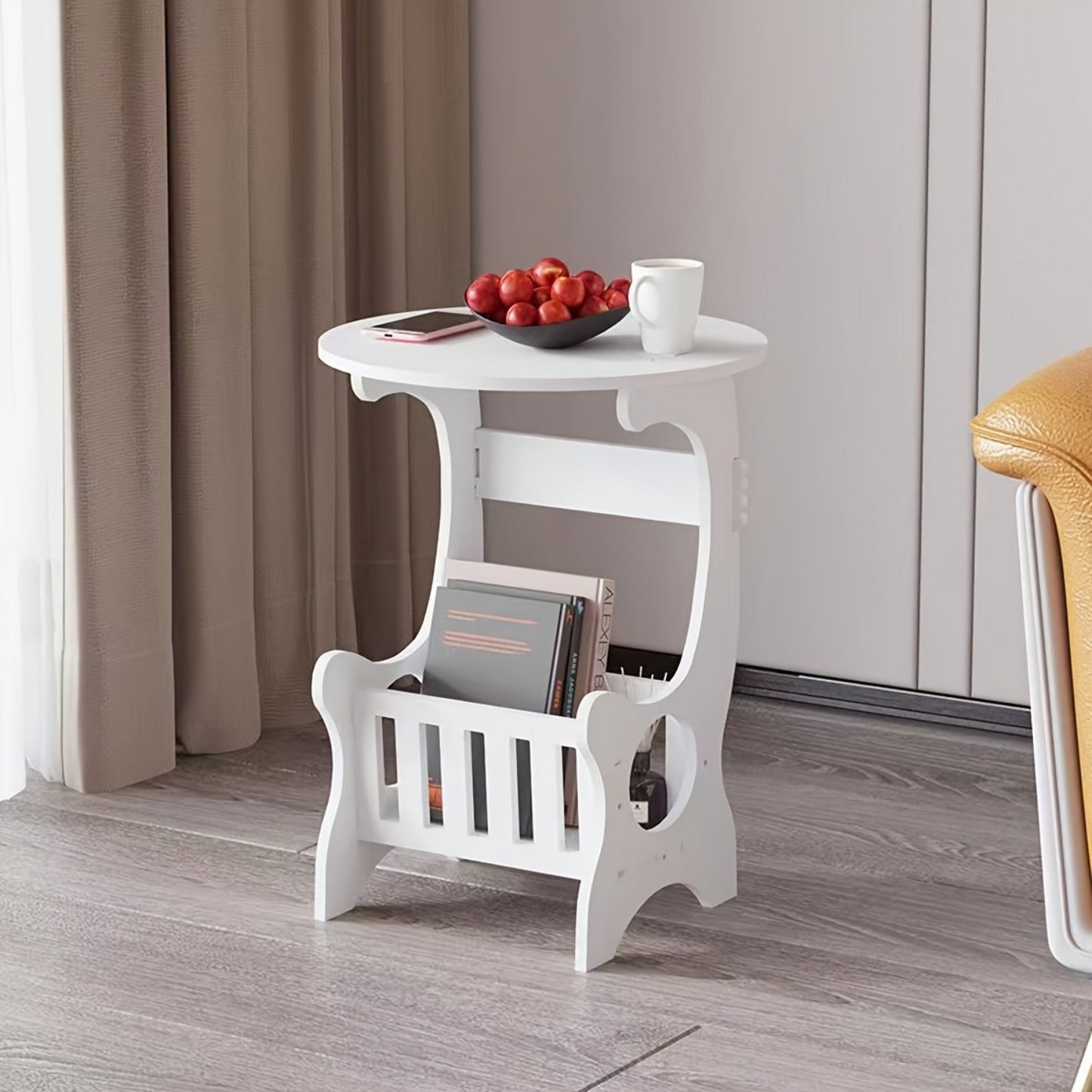 Modern Round Side Table with Storage Shelf, Made of Hardwood and Wood-Based Panel, Compact Bedside Table, Portable and Long-Lasting, Perfect for Home and Travel Without Needing Electricity