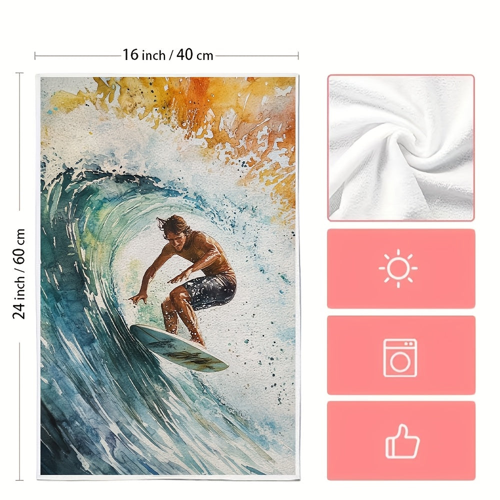 Surf's Up! Set of 2 Ultra Soft Kitchen Towels featuring Vibrant Surfer Design - Highly Absorbent & Quick-Dry Dish Hand Towels, Machine Washable, 40.64x60.96 cm - Perfect for Holiday Decor & Daily Use, Dish Towels