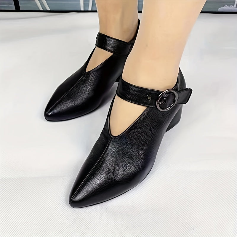 2023 Spring & Autumn New Arrival: British Fish-Mouth Buckle Fashionable Peep-Toe Block Heel Shoes for Women - Comfortable High Heels, Water-Resistant, D'Orsay Style, Mid Heel, Made of