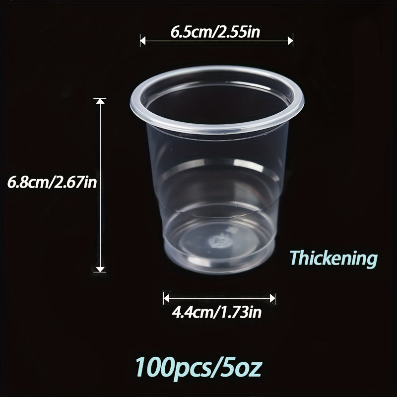 100 pieces of 5oz disposable plastic cups, designed with extra thick material for durability. Ideal for serving water, coffee, juice, or any cold drinks at family gatherings, hotels, barbecues, wedding parties, and other events. Perfect party supplies