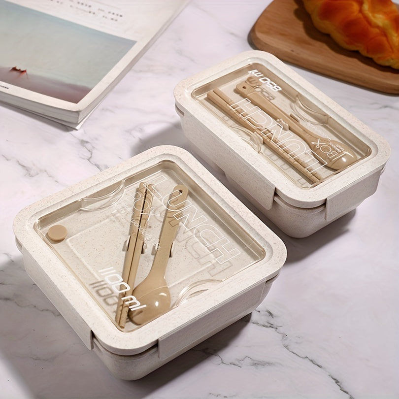 Insulated lunch box set with tableware for office workers, featuring a square divided wheat straw bento box with spoon and chopsticks. This leakproof food container is perfect for teenagers and workers, ideal for home kitchen use and to take back to