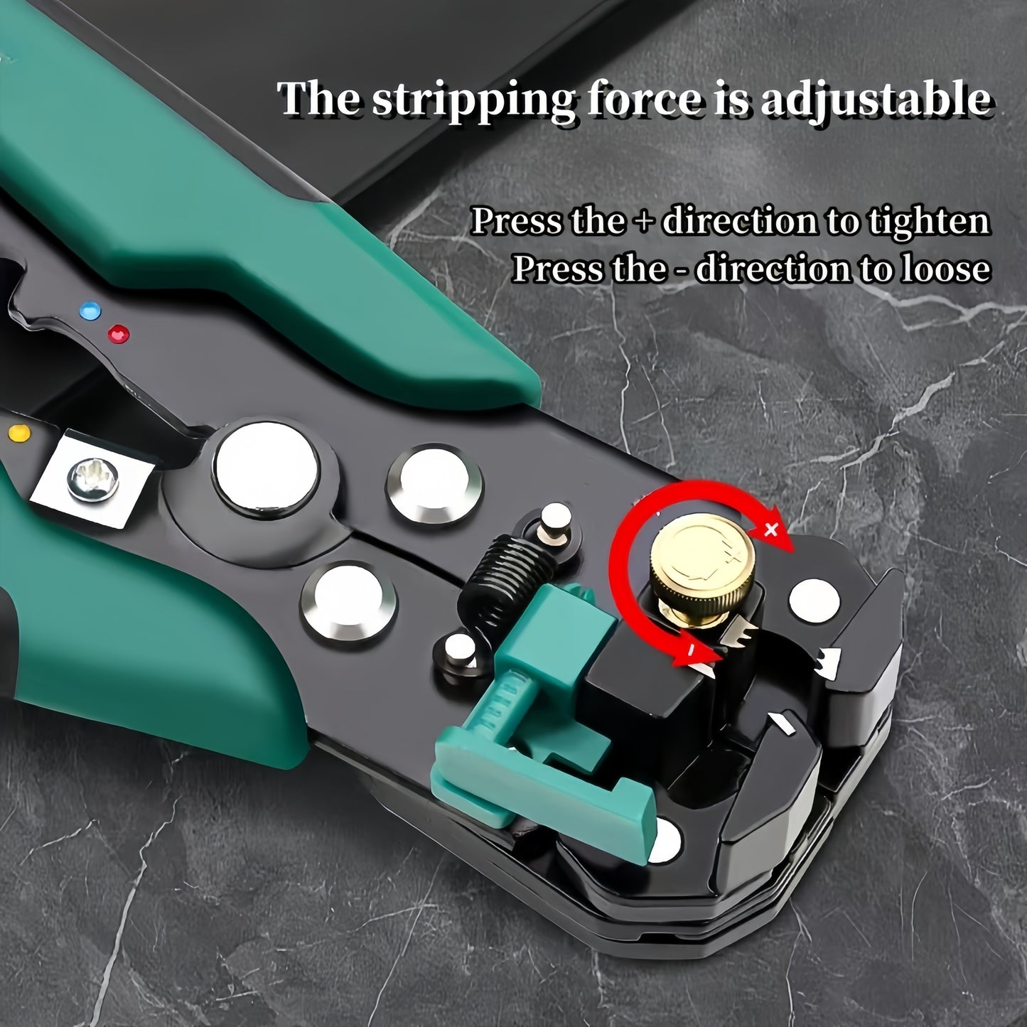 Professional automatic wire stripper and cutter for electricians, with self-adjusting insulation stripping tool and built-in crimper. Durable metal construction.