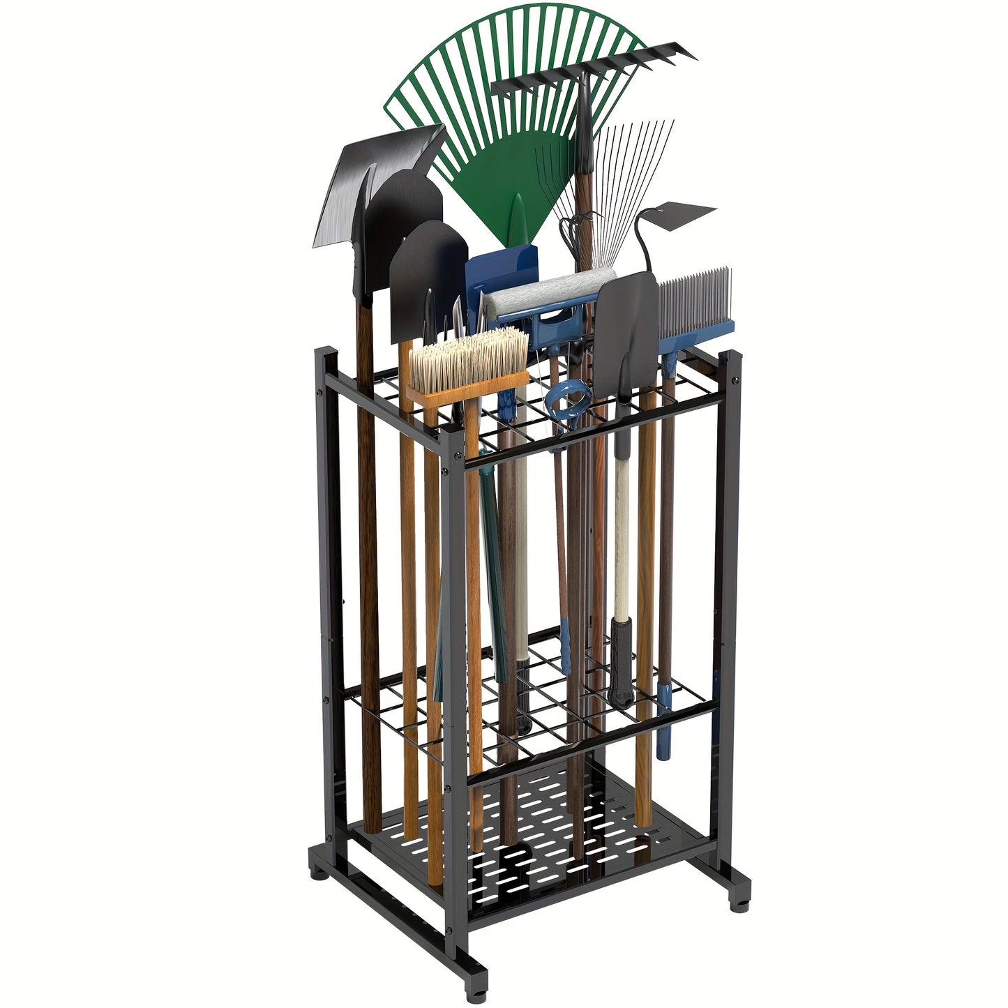 Durable black metal tool rack holds 50+ garden tools, adjustable and compact for garage or shed storage, with hooks for rakes and brooms.