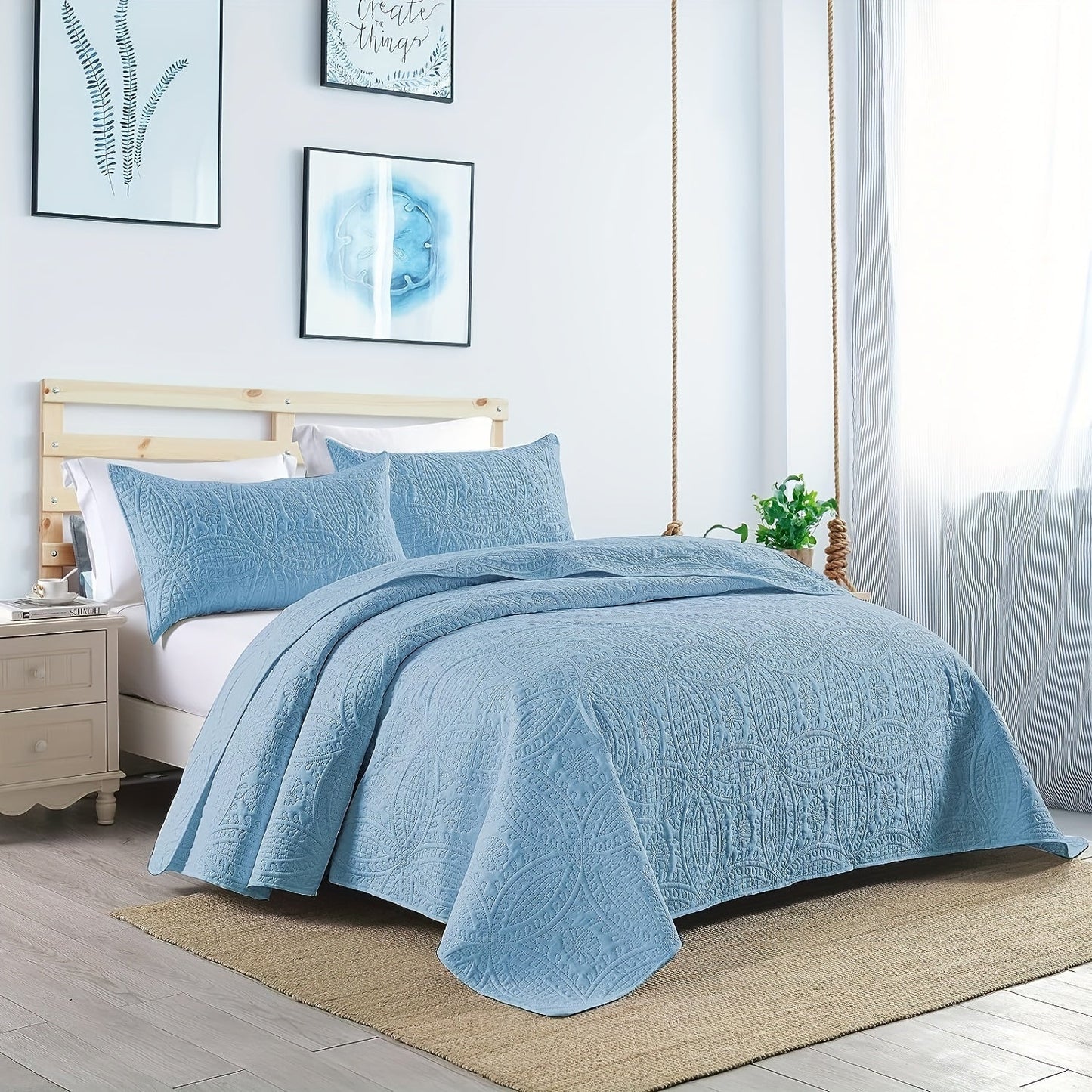 Comfortable and airy three-piece bedspread set featuring Soundwave technology and embossed circles design. Set includes one bedspread and two pillowcases, ideal for adding a touch of summer comfort to your bedroom or dorm decor. The perfect addition to