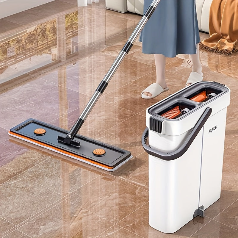 The Joybos Self-Wringing Flat Mop and Bucket System comes with 2 Microfiber Pads and a 360° Rotatable Mop Head for scratch-free dust removal. This hands-free system allows for washing of floors, walls, glass, furniture, and carpets without the need for