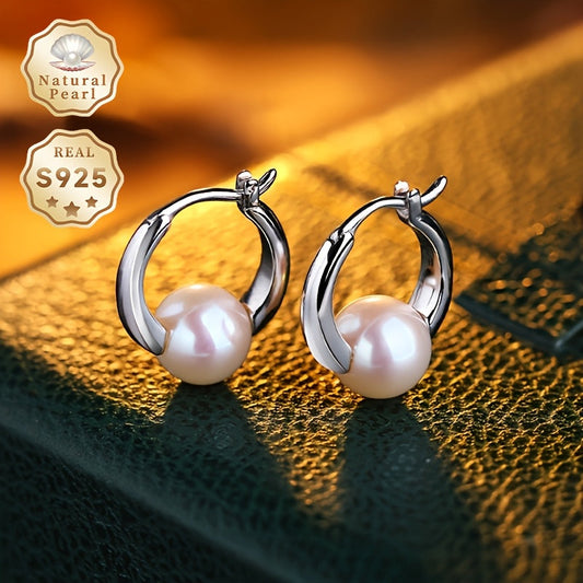 Stylish and Timeless Freshwater Pearl Hoop Earrings for Women, featuring 8-9mm Natural Gemstones on S925 Silver Posts, Perfect for June Birthdays or Any Occasion - Suitable for Daily Wear or Gifting, Versatile for All Seasons - Presented in a Beautiful