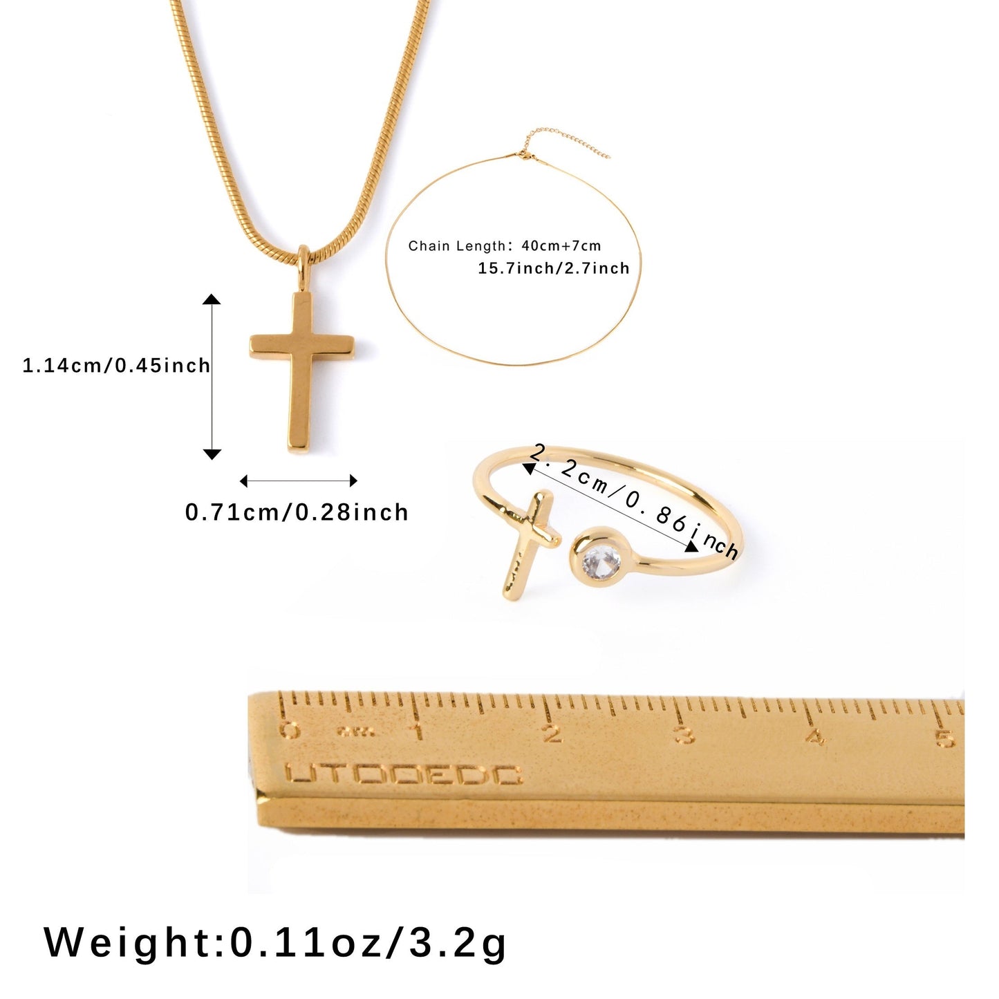 The jewelry set for women is elegant and minimalist, featuring a cross-shaped necklace and ring made of 18K gold-plated zirconia. It is adjustable and comes in a gift box, making it a perfect gift for birthdays, Christmas, Mother's Day, and Valentine's