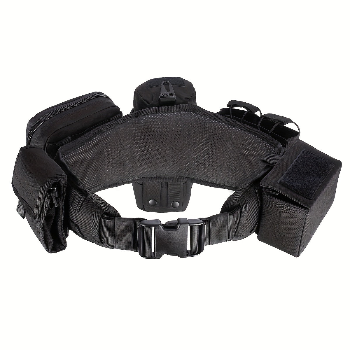 BOMTURN Tactical Utility Belt Set with MOLLE System includes 7 pieces of camouflaged polyester gear suitable for hunting and fishing.