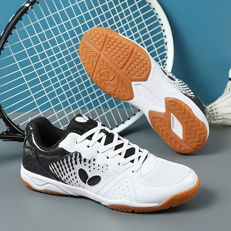 Professional badminton and tennis shoes with breathable, non-slip, and durable features for all seasons. Made of fabric and synthetic materials with EVA and rubber sole. Designed with