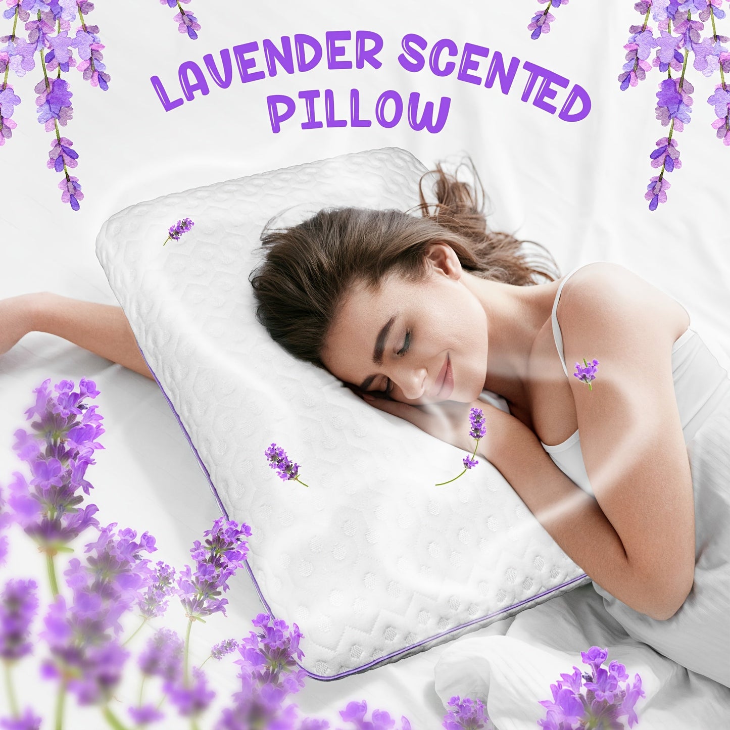 This Lavender Aromatherapy Memory Foam Pillow is perfect for back, stomach, and side sleepers. The cooling pillow is scented with lavender for a soothing sleep experience. The memory foam pillow core is infused with a relaxing lavender scent, making it