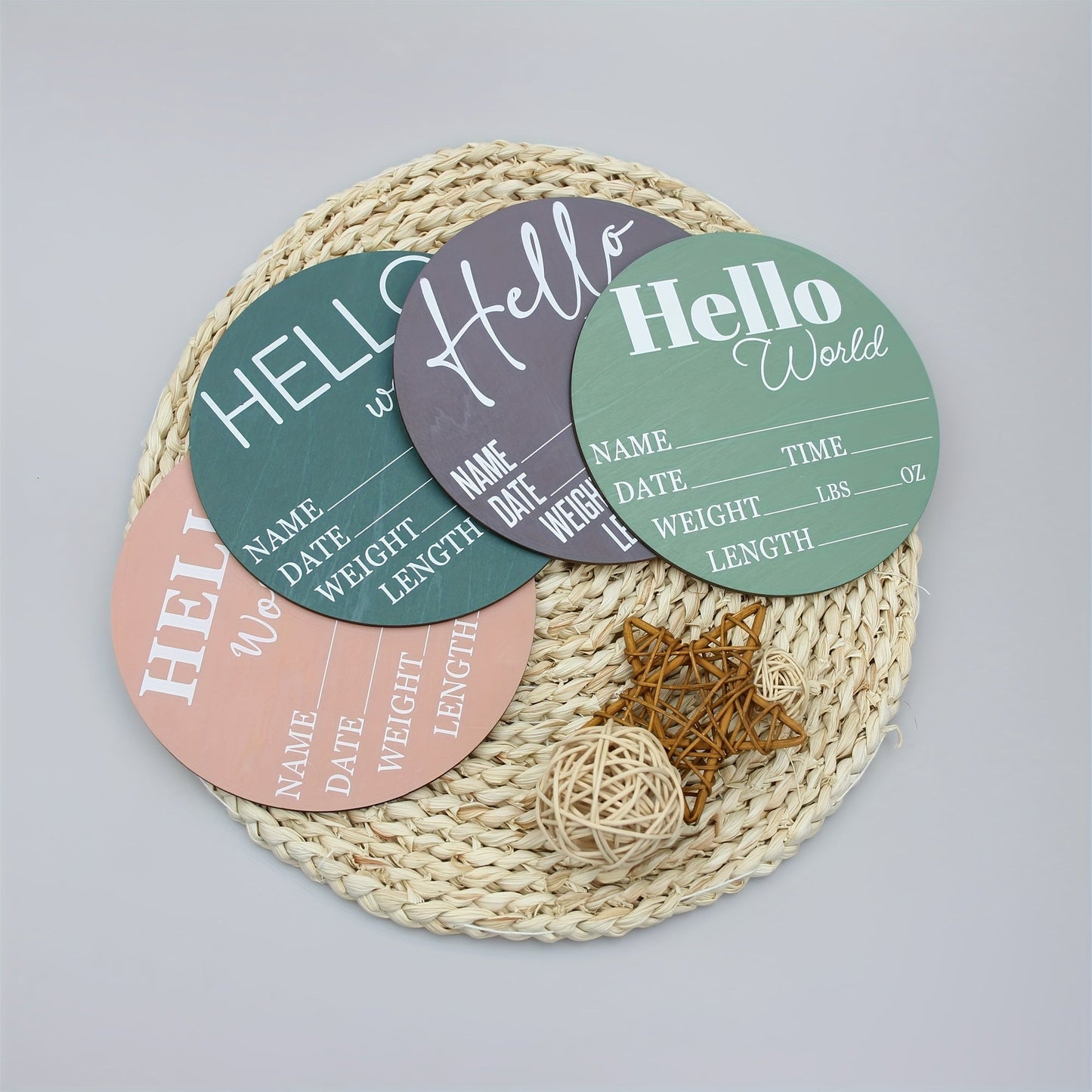 Wooden Birth Announcement Keepsake Plaque - "Hello World" Commemorative Sign with Space for Photo Props and Memory Display of Fillable Details