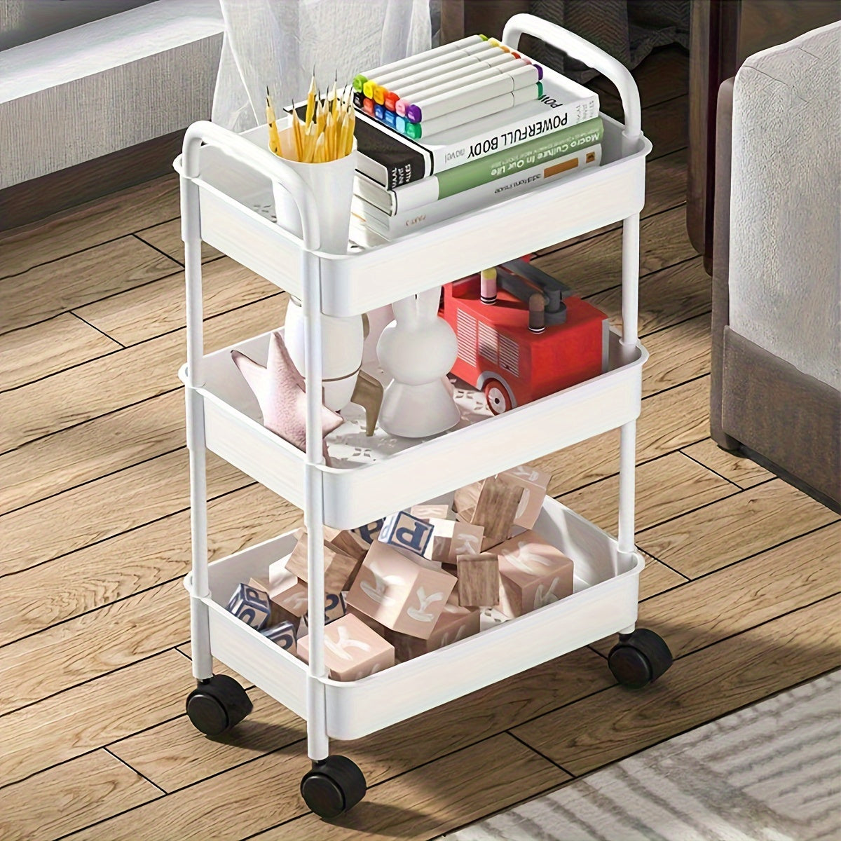 Multi-purpose Rolling Cart with Wheels - Ideal for Storing Snacks, Books & Essentials in Bedroom, Living Room, or Bathroom