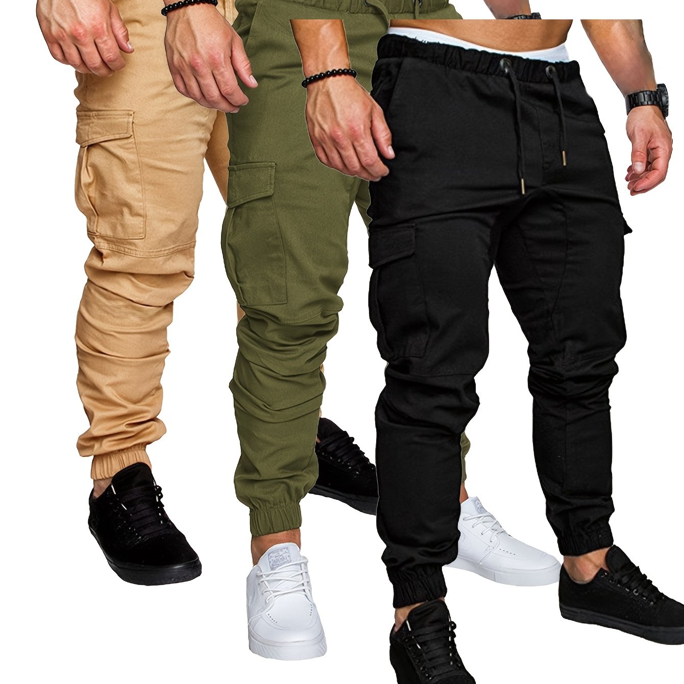 3-Pack men's casual cotton cargo pants with drawstring waist, standard fit, regular length, and solid color woven fabric.