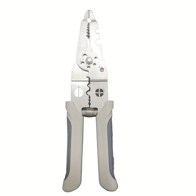 Industrial-grade stainless steel wire cutter/stripper pliers with measurement markings for electrical wiring tasks. Durable construction suitable for electricians and DIY home use.