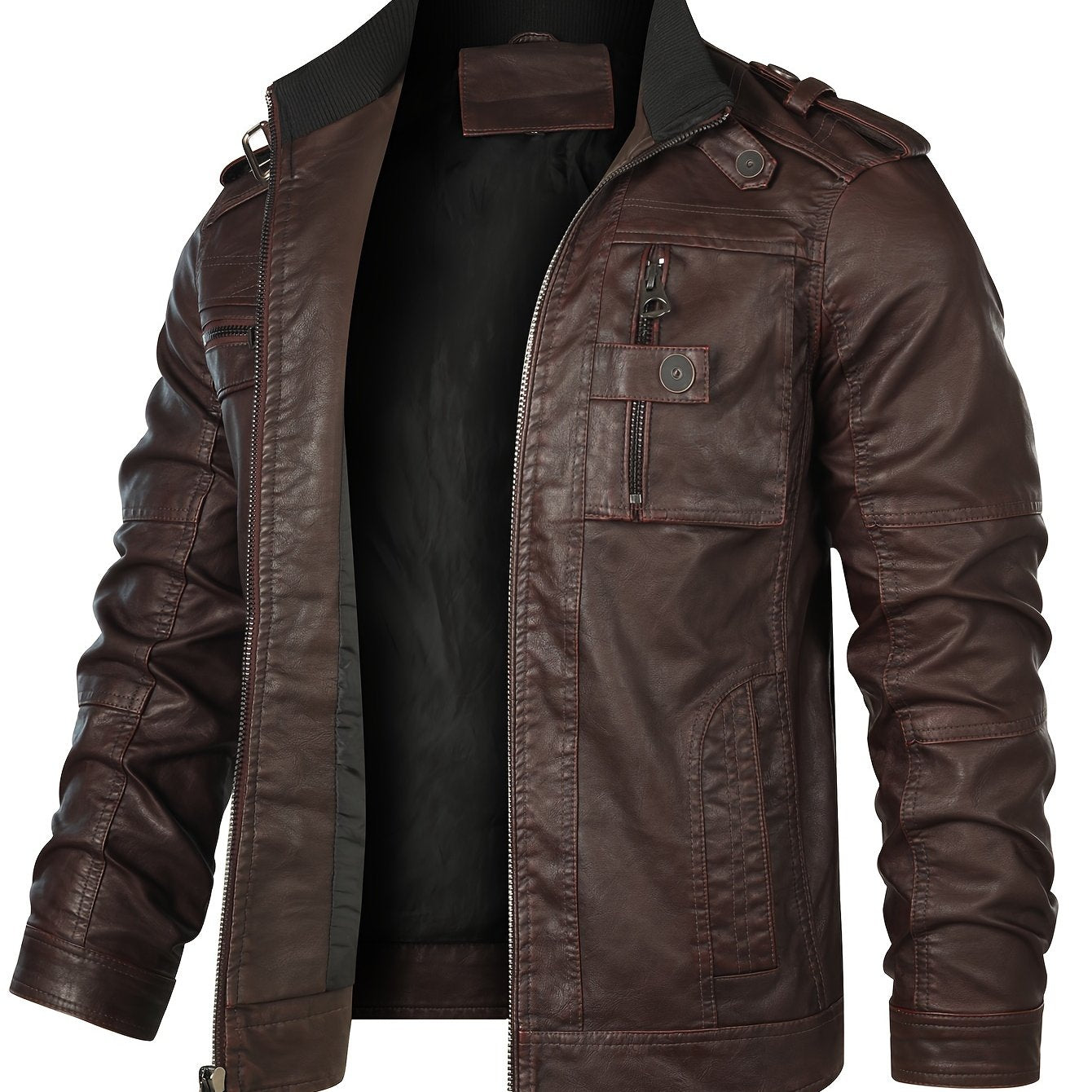 Men's Retro Motorcycle PU Jacket with Long Sleeves, Zipper, and Multi-Pockets, Perfect for Autumn and Winter.