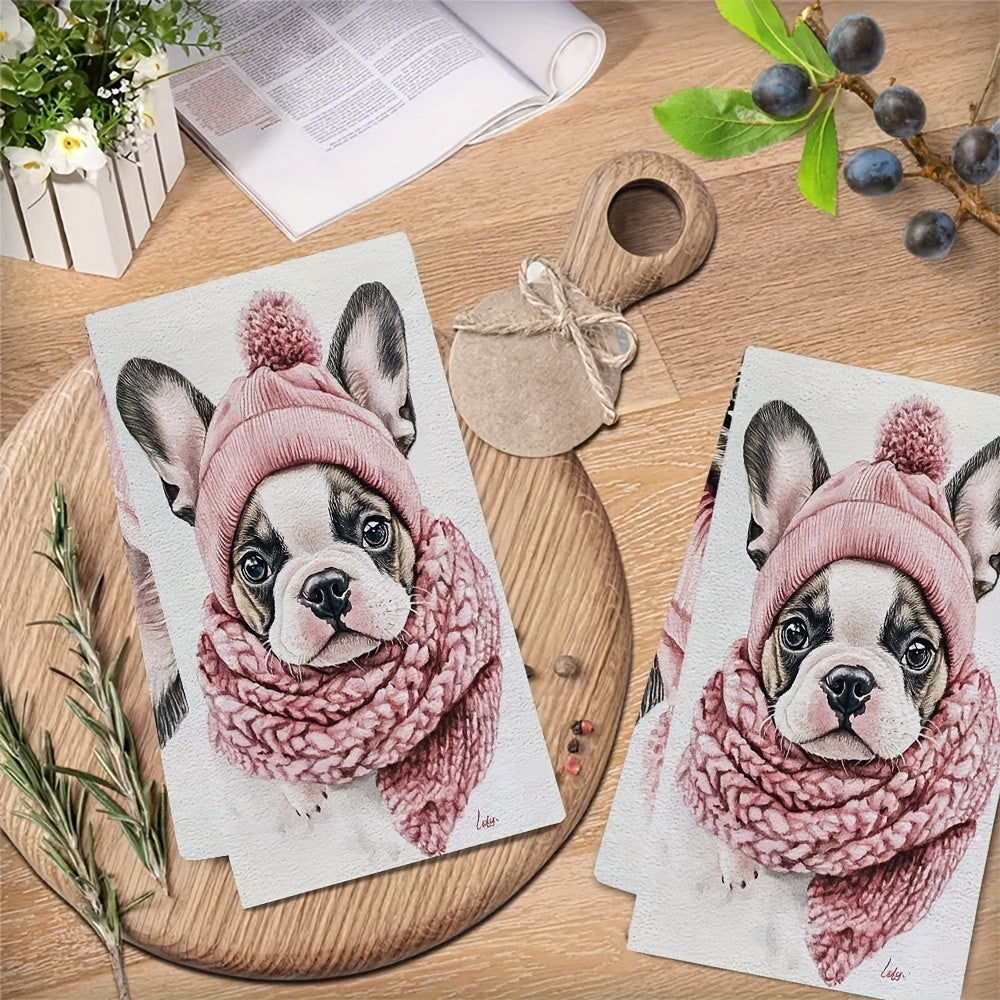 Set of 2 Ultra Soft Kitchen Towels featuring a Cute French Bulldog Puppy with Pink Hat & Scarf, Excellent Absorbency & Easy Care, Perfect for Valentine's Day Decor, Size 40.64x60.96 cm, Dish Towels