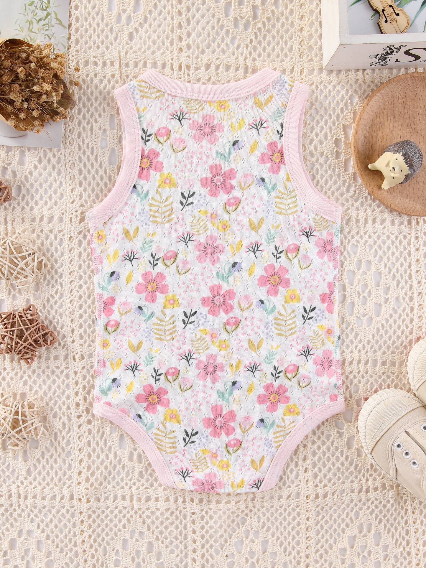 5 adorable floral cotton rompers for baby girls - comfy sleeveless onesies, machine washable.