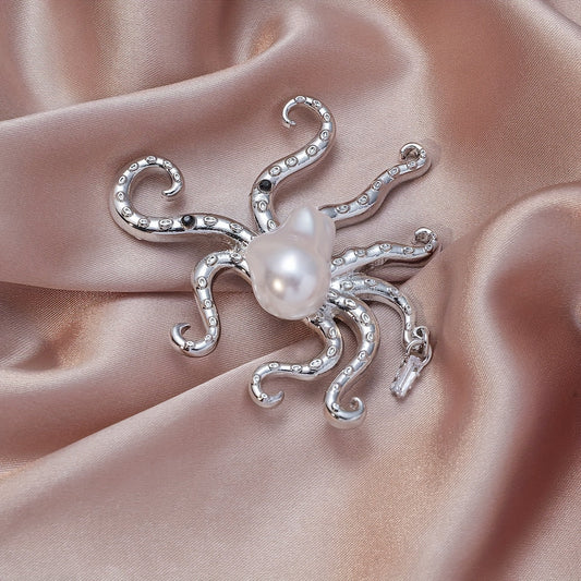 An original ocean-themed octopus brooch featuring a baroque-style imitation pearl, adorned with European and American silvery inlaid diamonds. This golden brooch is a beautiful accessory for clothing or chest flower.