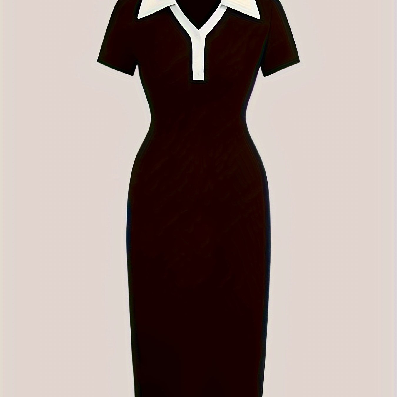 Color block collared bodycon dress for women, elegant two-tone short sleeve.