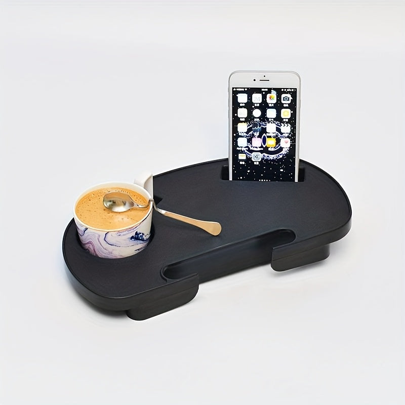 1 Oval Cup Holder for Lounge Chair, Attaches to Side of Chair, Includes Phone Slot, Cup Holder, and Snack Tray in Black