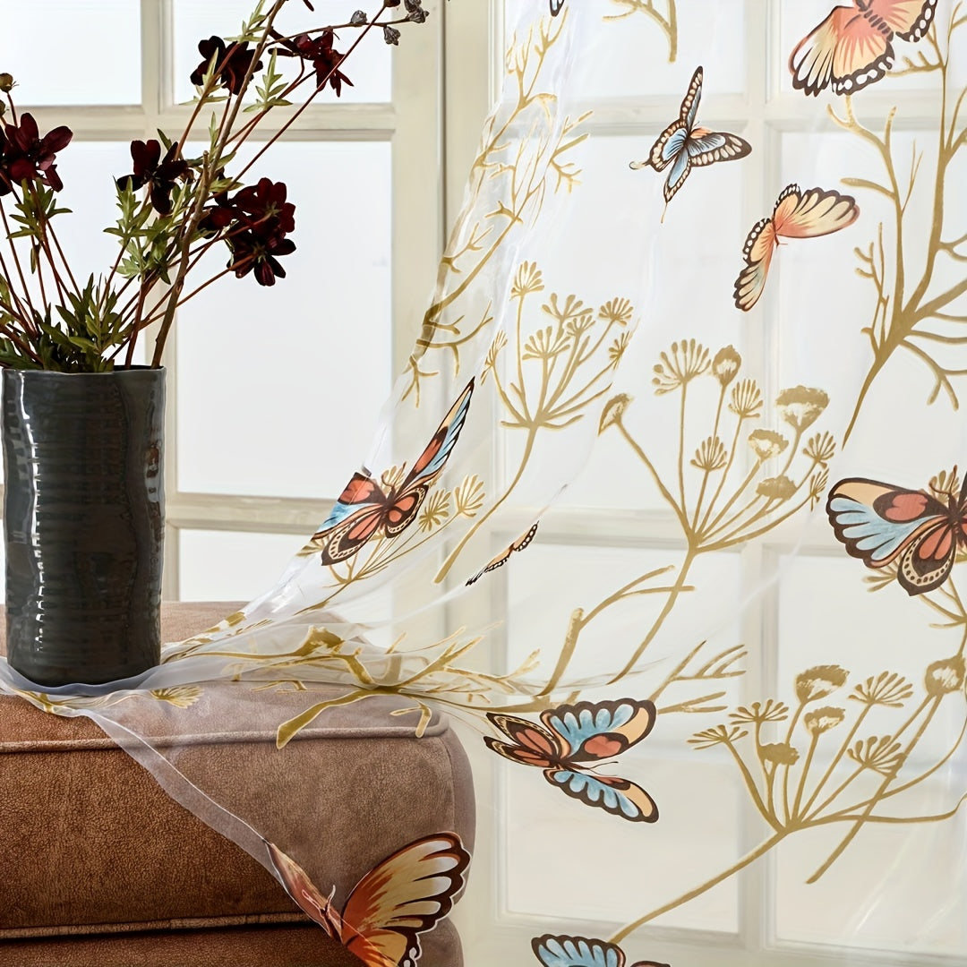 Elegant Butterfly Print Sheer Curtain with Grommet Top - Tulle Window Treatment for Bedroom, Office, Kitchen, Living Room, or Study - Stylish Home Decor Piece