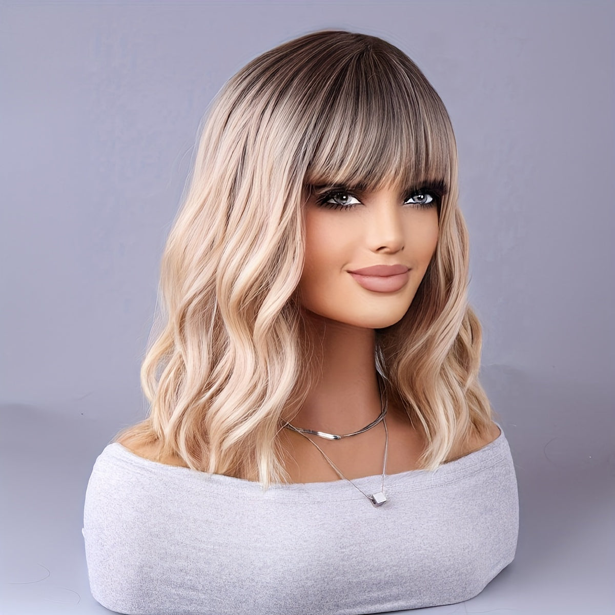 European style, long curly ombre wig with center part and rose net cap. Heat resistant for all ethnicities, full headpiece without lace. Includes hair extensions and accessories.