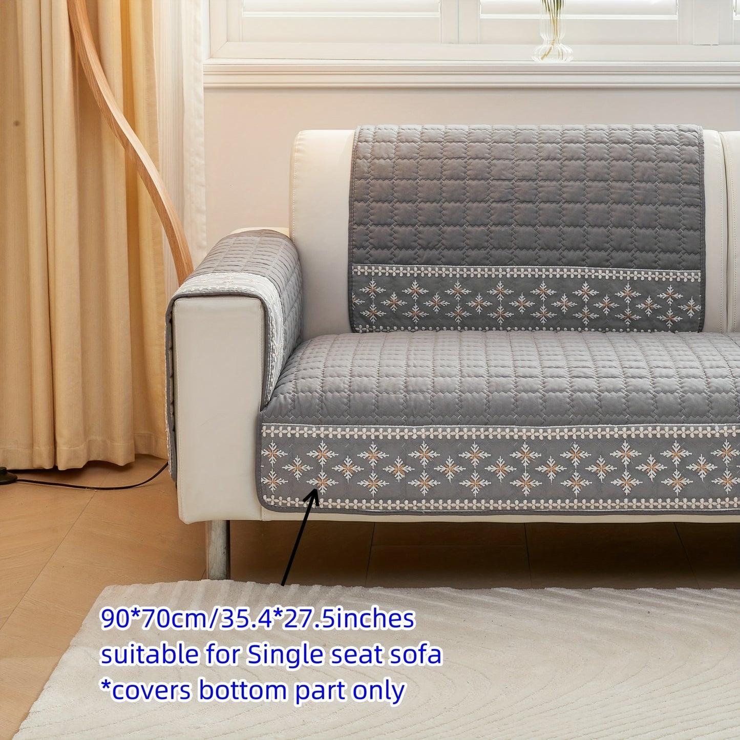 Gray velvet waffle sofa cover with lace detailing, non-slip and pet-friendly. Fits 1-4 seater sofas, machine washable.