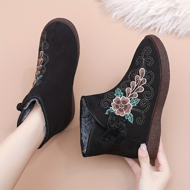 Women's Winter Warm Fleece-Lined Ankle Boots with Chinese Style, Round Toe, Buckle Closure, Floral Pattern, Fabric Upper, Faux Sole/Insole.