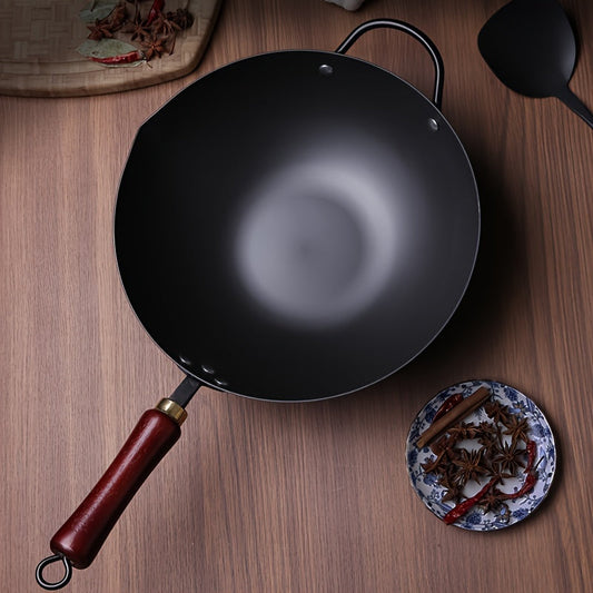 Versatile Dutch Oven - Handmade Traditional Round Bottom Cast Iron Wok for Chinese Stir Fry, Thickened Iron Pot with Wooden Lid, Uncoated and Non-stick