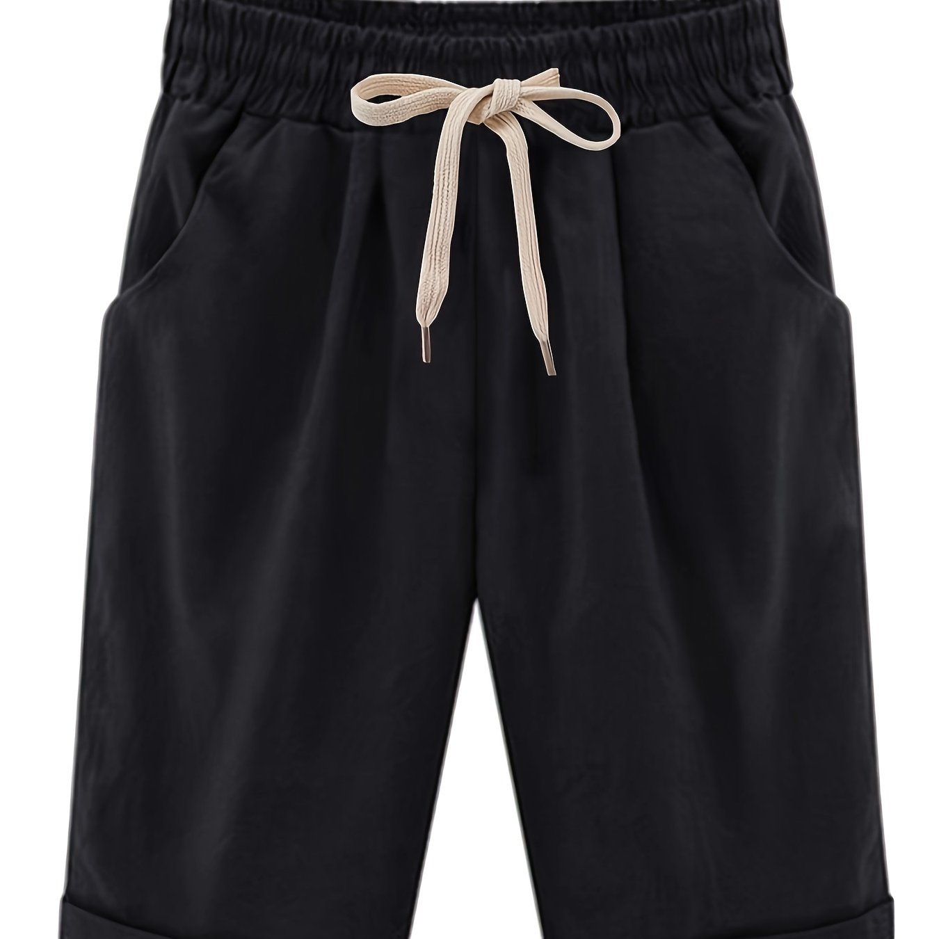 Women's Plus Size High Rise Drawstring Shorts with Pocket, Slight Stretch and Solid Casual Style.