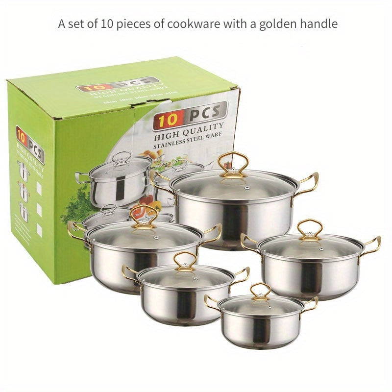 Stainless Steel Cookware Set: 10 Pieces with Handles, Non-Stick Pots and Pans, Perfect for Home and Professional Cooking