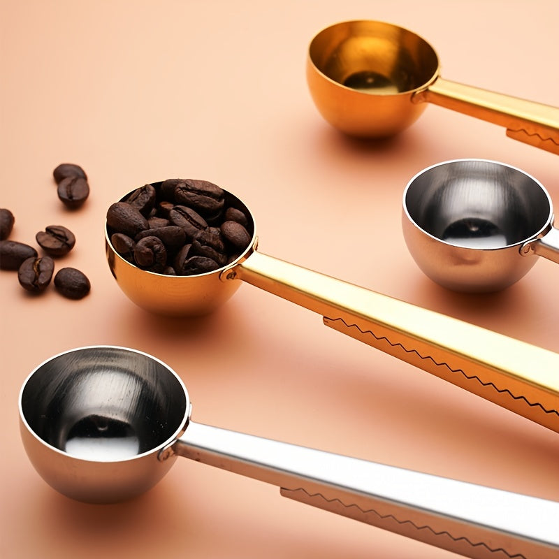 Clip-on measuring spoon set made of stainless steel, including spoons for coffee, milk powder, and sealing food bags.