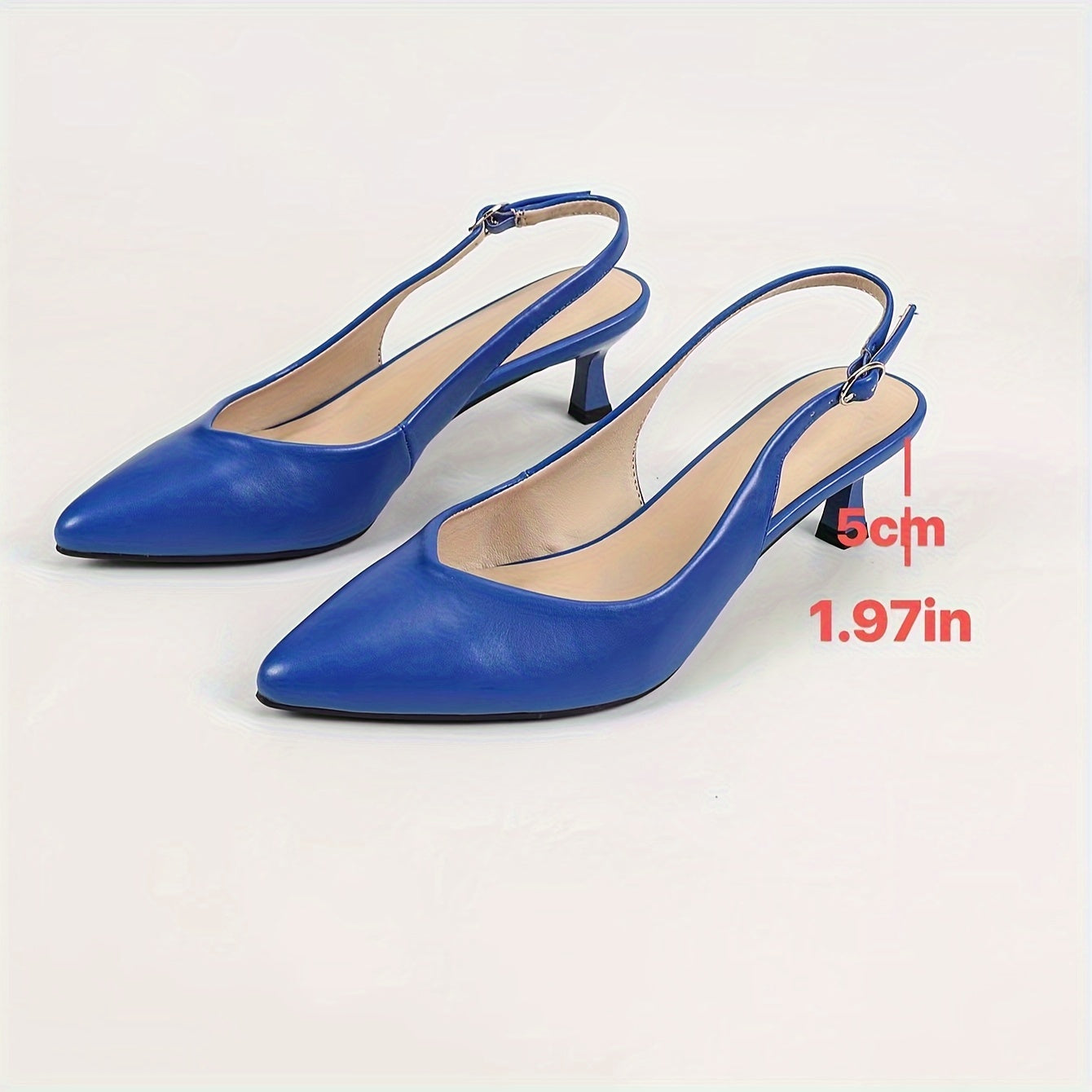 Stylish women's slingback shoes with pointed toe, mid-heel, solid color, and faux leather cover on rubber sole.